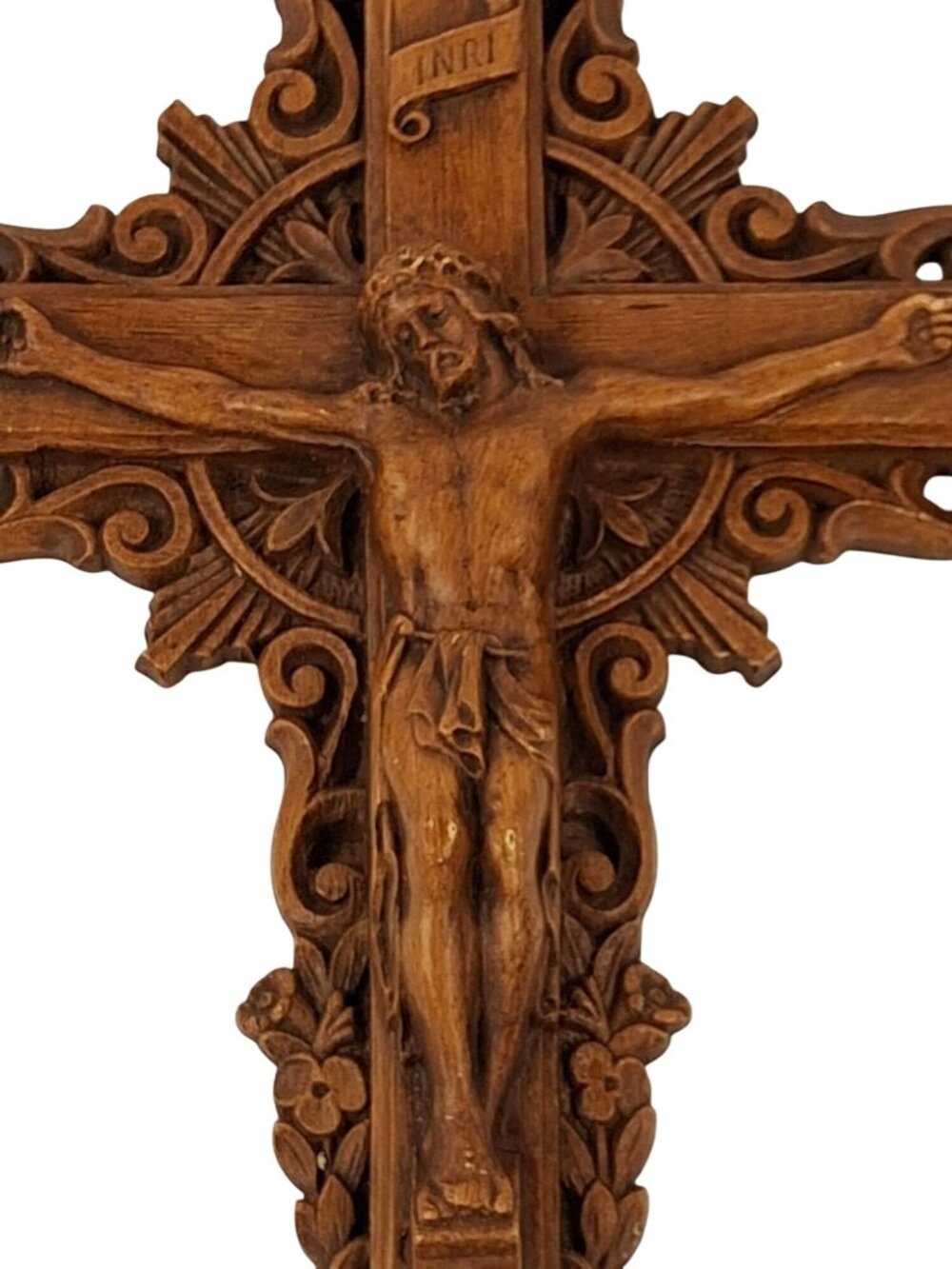 Vtg Burwood Faux Wood Ornate Jesus Crucifix w/INRI Religious Cross 13" x 8.5" - Picture 13 of 14